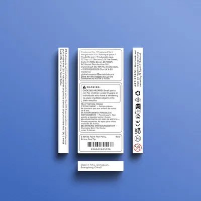 Shows the packaging labels and product information to inform shoppers about what is included in the package, safety warnings, certifications, and product specifications.