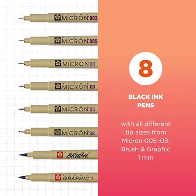 Shows the customer exactly what they receive in the bundle: 8 black ink pens with all different tip sizes from Micron 005-08, Brush, and Graphic 1mm, helping them understand the variety and value of…