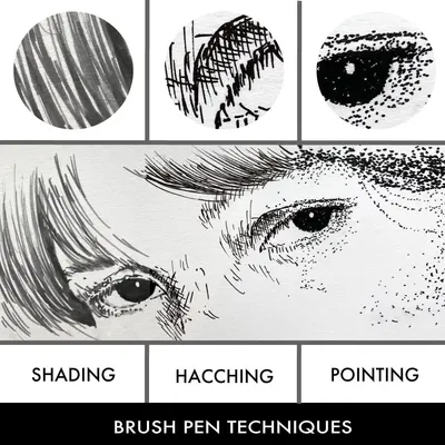 Demonstrates three distinct brush pen techniques (shading, hacching, and pointing) to educate shoppers on how to use the product for different artistic effects.