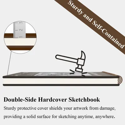 Demonstrates the physical construction and layered structure of the hardcover sketchbook to reassure shoppers of its durability and protective qualities. Highlights the sturdy, self-contained…