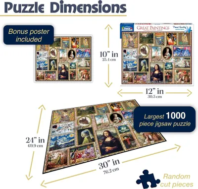 Communicates the exact physical dimensions of both the puzzle box and the completed puzzle to help shoppers understand the product's size before purchase. Highlights multiple selling points…
