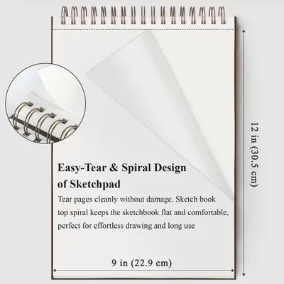 Communicates the exact physical size of the sketchpad (12 x 9 inches) to help shoppers understand if it fits their needs. Highlights the easy-tear perforated pages and top spiral binding as key…