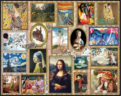 This image showcases the brand's complete product line of famous art reproductions, helping shoppers see the variety and range of masterpieces available in the collection.