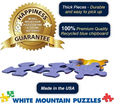 Communicates multiple distinct selling benefits of the puzzle product including durability, material quality, manufacturing origin, and customer satisfaction guarantee to build confidence and trust…