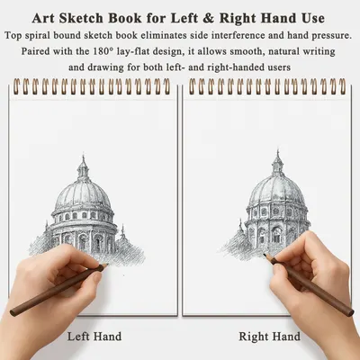 Demonstrates that the sketch book's top spiral binding and lay-flat design allows comfortable use for both left-handed and right-handed artists, eliminating hand interference and pressure.