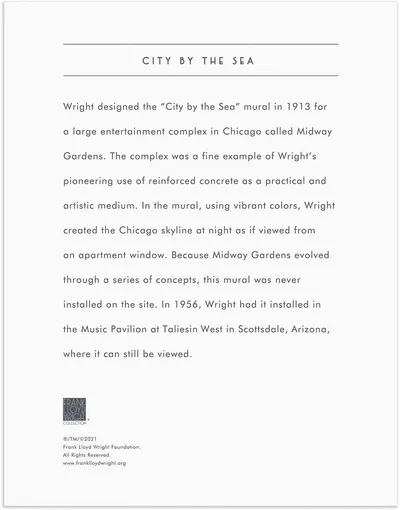 Communicates the brand's heritage and historical significance by sharing the story of Frank Lloyd Wright's 'City by the Sea' mural design from 1913, building trust and emotional connection through…