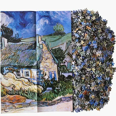 Demonstrates that the puzzle comes complete with all pieces by showing both the finished artwork and the unassembled pieces, reassuring shoppers they receive everything needed to complete the puzzle.