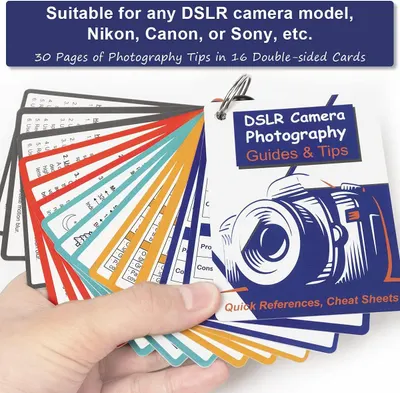 Shows the complete set of 16 double-sided photography tip cards included with the product, demonstrating the comprehensive educational content the customer receives.