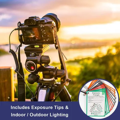 Shows that the product includes bonus educational materials (exposure tips cards and lighting guides) to help photographers improve their skills and understand camera settings.