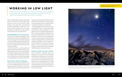 This image educates shoppers on how to use camera settings and techniques for low-light photography, providing instructional guidance on ISO, aperture, shutter speed, and histogram usage to enhance…