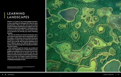 This is a book spread showing an aerial landscape photograph alongside educational text about landscape photography. The image itself contains no text overlay or callouts, making it a pure…