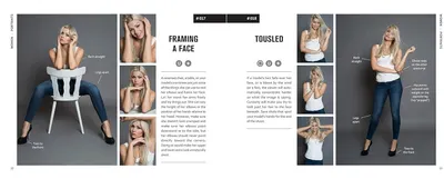 This image provides instructional guidance for photographers or models on how to pose for portraits, specifically demonstrating techniques like framing the face with hands and creating a tousled…
