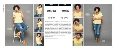 This image provides detailed instructions on how to pose models for product photography, demonstrating proper body positioning and framing techniques to achieve feminine and flattering poses.