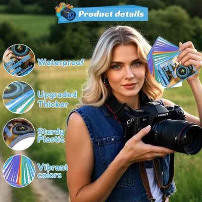 Communicates multiple distinct product benefits in a segmented layout with circular callouts, highlighting the waterproof nature, upgraded thickness, sturdy plastic material, and vibrant color…
