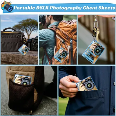 Demonstrates the multiple ways and environments the portable DSLR photography cheat sheets can be used - attached to bags, backpacks, keychains, stored in pockets, and carried in various settings -…