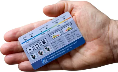 Provides photographers with a portable reference card showing camera settings for different lighting conditions, metering modes, and exposure calculations to help them quickly configure their…