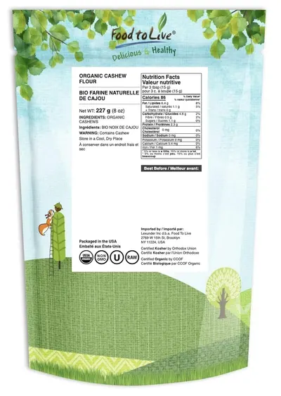 Displays the back of the product packaging showing nutrition facts, ingredients, certifications, and brand information for shopper reference.