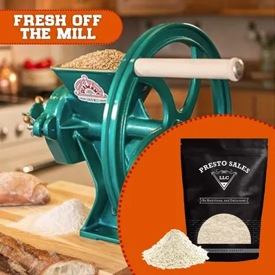 Demonstrates the product's use for milling fresh grains into flour at home, showing both the milling process and the resulting packaged flour product. Emphasizes the freshness benefit of milling…