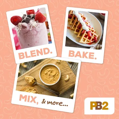 Demonstrates the versatility of the product (likely peanut butter or nut butter) by showing multiple culinary applications—smoothies, baking, and mixing—to communicate that it's a multi-purpose…