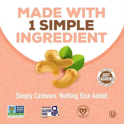 Communicates the product's clean ingredient profile and multiple certifications to reassure health-conscious shoppers that the cashews are simple, natural, and meet various dietary standards.…