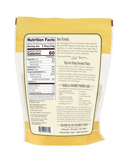 Communicates multiple health and dietary benefits of the coconut flour to appeal to shoppers with various dietary preferences and restrictions.