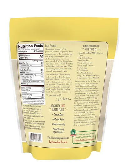 Communicates multiple distinct health and dietary benefits of the almond flour to appeal to shoppers with specific dietary preferences and nutritional priorities.