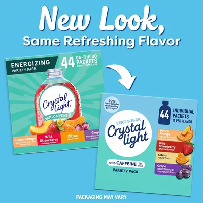 Communicates a packaging redesign to shoppers while reassuring them that the product formula and flavor remain unchanged. Shows the variety pack options available.