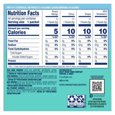 Communicates the product's extremely low calorie content (5-10 calories per serving) compared to leading beverages (130 calories), emphasizing it as a healthier, diet-friendly alternative.