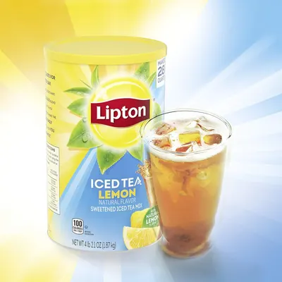 Showcases the product in a real-world context with a prepared glass of iced tea to help shoppers visualize the end result and appeal of the product.