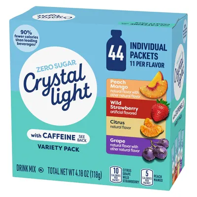 Shows shoppers exactly what they receive in the variety pack: 44 individual drink mix packets across 4 different flavors (Peach Mango, Wild Strawberry, Citrus, and Grape), with 11 packets per flavor.