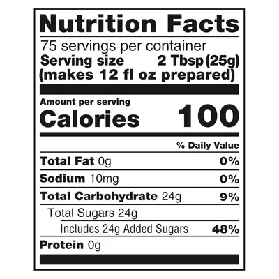 Communicates key nutritional metrics to inform shoppers about serving count, calorie content, and health-conscious attributes like zero fat and low sodium.