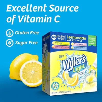 Communicates multiple key benefits of the product including its nutritional value (Vitamin C), dietary accommodations (gluten-free, sugar-free), and variety pack convenience to appeal to…