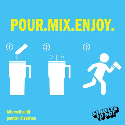 Demonstrates the simple three-step process for using the product: pour the powder, mix it, and enjoy on-the-go, emphasizing ease of use and convenience.