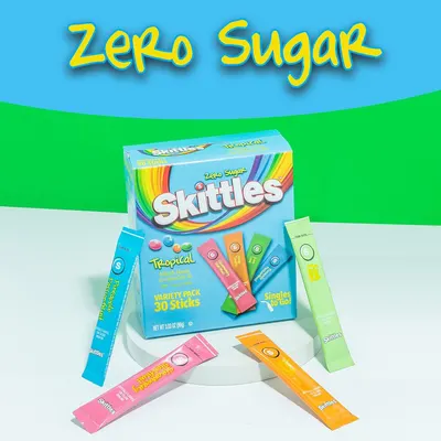 Highlights the zero sugar formulation of Skittles to appeal to health-conscious shoppers looking for a guilt-free candy option.