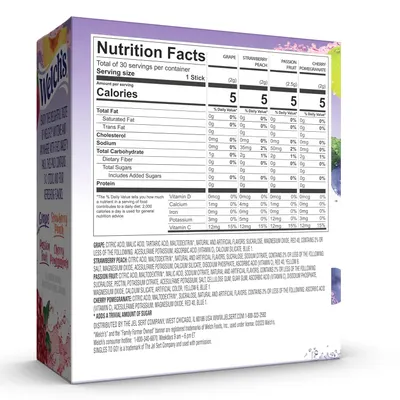 Displays the product packaging on a clean white background to show the nutrition facts panel and ingredient information for multiple flavor variants, helping shoppers make informed dietary decisions.