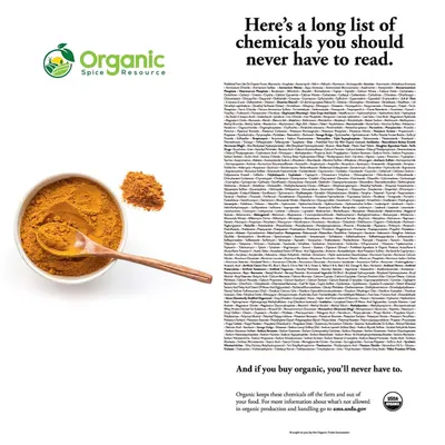 Communicates that buying organic products keeps harmful chemicals out of food, reassuring shoppers about safety and environmental responsibility through USDA organic certification.