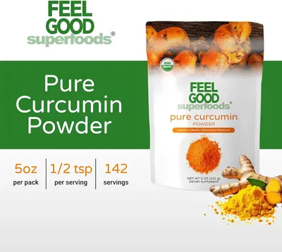 Communicates the primary health benefit of the curcumin powder while providing key product information like serving size and quantity to help shoppers understand value and usage.