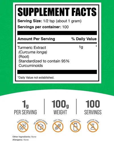 Communicates multiple product benefits including detailed nutritional information, high curcuminoid concentration (95%), and multiple dietary-friendly attributes (gluten-free, soy-free, dairy-free,…