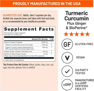This image communicates multiple product benefits and certifications in a segmented layout, reassuring shoppers about quality, dietary compatibility, and manufacturing standards while providing…