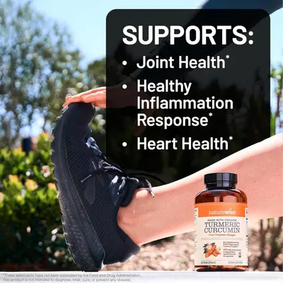 Communicates multiple health benefits of the turmeric supplement in a bulleted list format to show shoppers the comprehensive wellness support the product provides.
