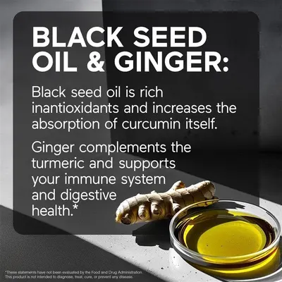 Explains the complementary health benefits of two key ingredients (black seed oil and ginger) to communicate the product's multi-ingredient wellness value proposition.