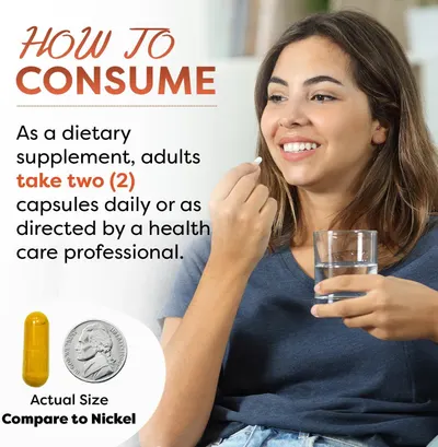Explains how to consume the supplement by providing clear dosage instructions (take two capsules daily) to help shoppers understand proper usage. Shows the actual physical size of the capsule…