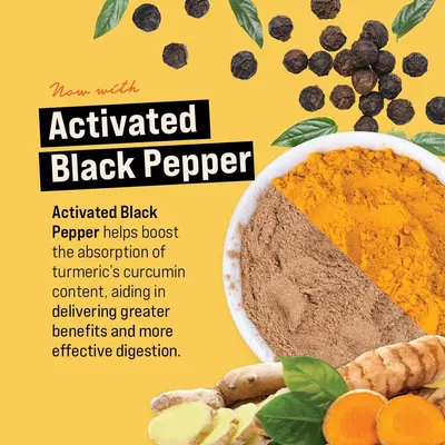 Communicates that the product contains activated black pepper to boost curcumin absorption from turmeric, delivering greater health benefits and more effective digestion.