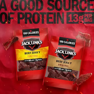 Showcases the Jack Link's brand and its product line by displaying two flavor variants (Teriyaki and Original) side-by-side, helping shoppers understand the available options within the brand's beef…