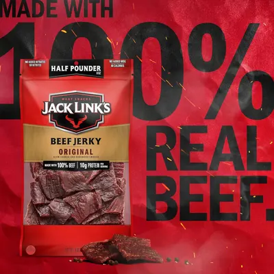 Emphasizes the product's quality ingredient composition (100% real beef) and high protein content to communicate nutritional value and authenticity to health-conscious shoppers. Reinforces the core…