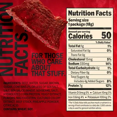 Communicates the product's nutritional profile with multiple health-conscious benefits including low calories (50), minimal fat, and good protein content (7g) to appeal to health-focused consumers.