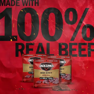 Emphasizes the product's quality ingredient claim (100% real beef) and protein content to communicate nutritional value and authenticity to health-conscious shoppers. Reinforces the core benefit of…