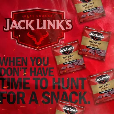 This image reinforces the Jack Link's brand identity and emotional messaging with the tagline 'When you don't have time to hunt for a snack,' positioning the product as a convenient, on-the-go…