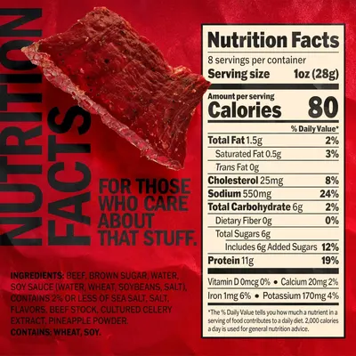 Communicates detailed nutritional information and ingredient transparency to help health-conscious shoppers make informed purchasing decisions about the beef jerky product.