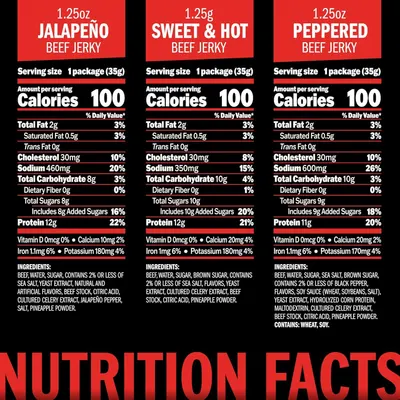 Displays the brand's three beef jerky flavor options side-by-side with complete nutritional information to help shoppers compare and choose their preferred variant.